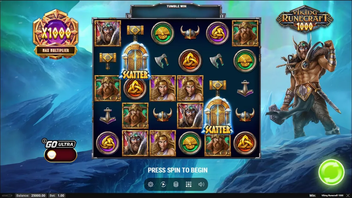 Viking Runecraft 1000 slot grid com deuses nórdicos e efeitos visuais brilhantes